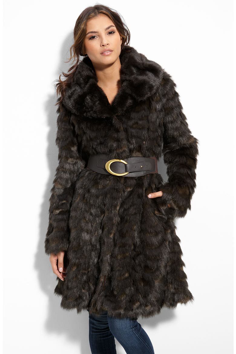 Faux Mink Belted Coat, Main, color, BROWN