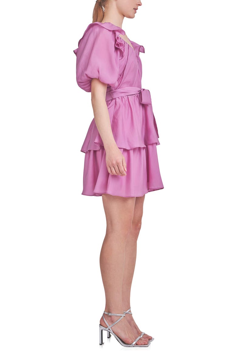 Ruffle Tie Waist Puff Sleeve Tiered Minidress, Alternate, color, ORCHID