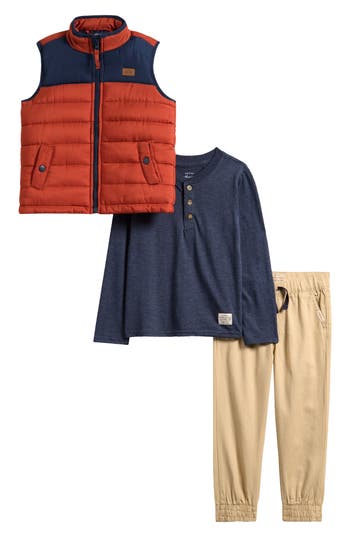 Weatherproof ® Kids' Henley, Joggers & Puffer Vest Set In Brown