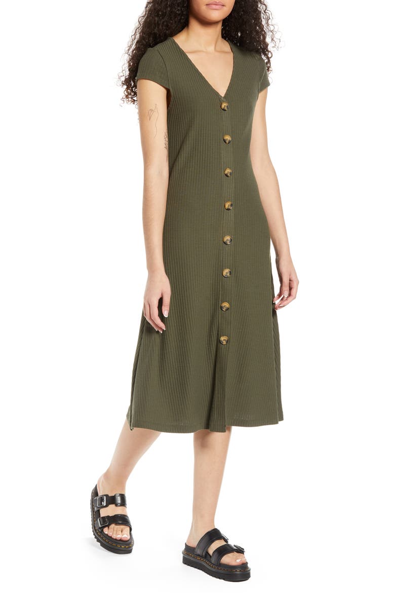 Nella Button Front Ribbed Midi Dress, Main, color, KALAMATA