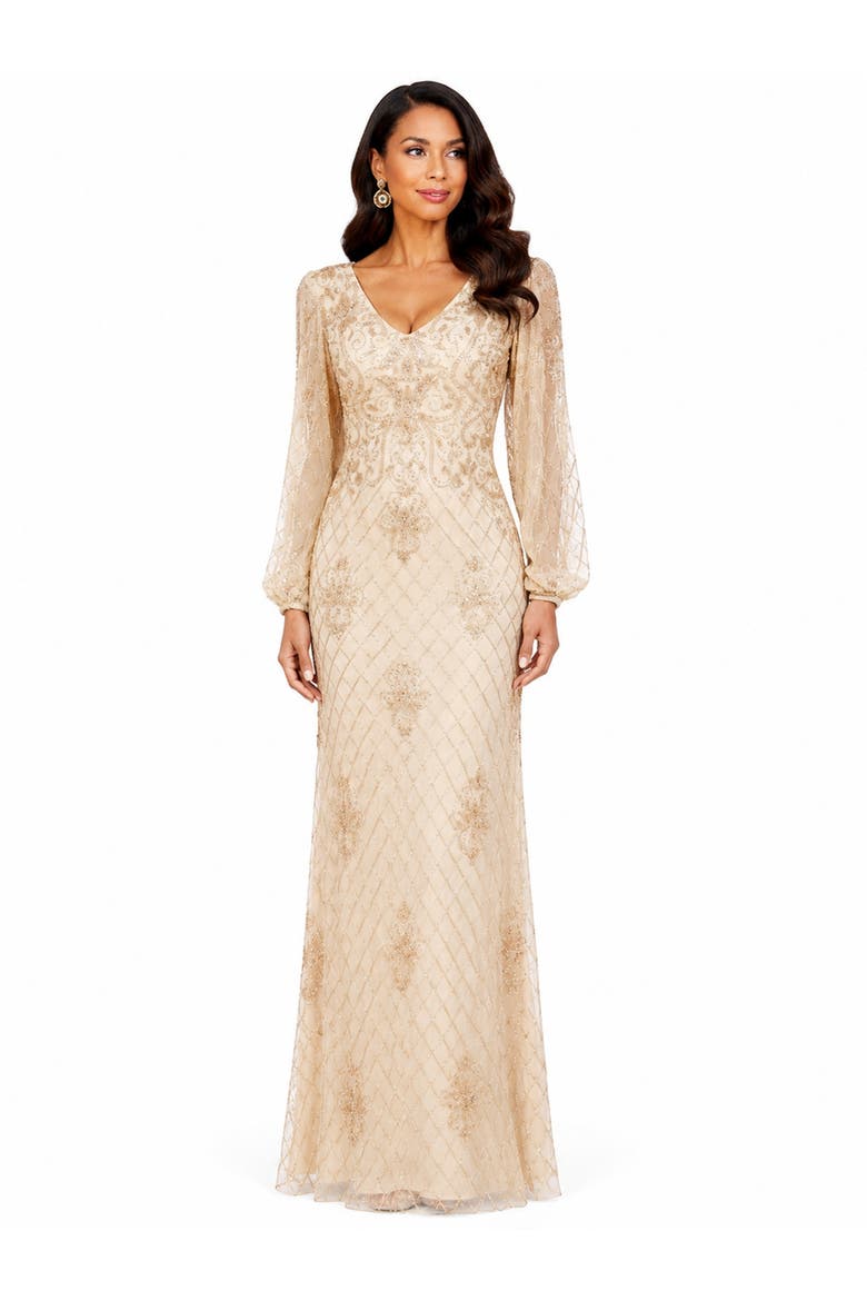 Beaded Faux-Wrap V-Neck Bridal Gown, Alternate, color, Champagne