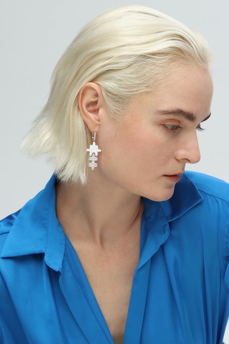Jigsaw Puzzle Drop Earrings, Alternate, color, Silver