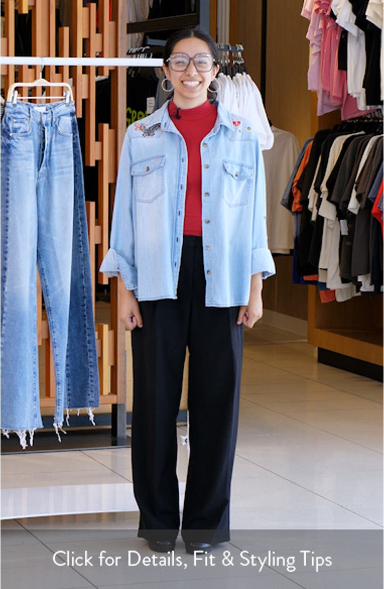 Butterfly Kiss Embroidered Denim Graphic Button-Up Shirt, sales video thumbnail