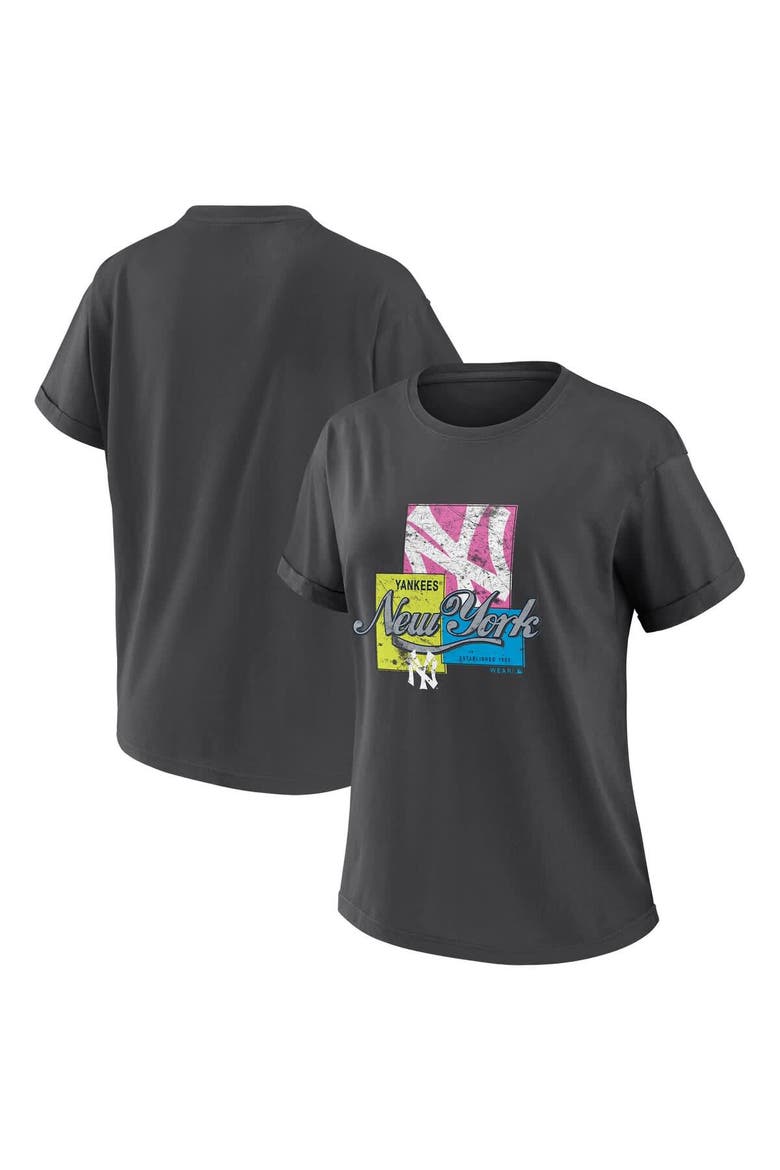 Women's WEAR by Erin Andrews Charcoal New York Yankees Domestic Box Color Boyfriend T-Shirt, Alternate, color, Charcoal
