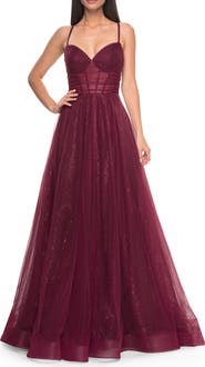 La Femme A-Line Prom Dress with Sequin Lining and Illusion Top