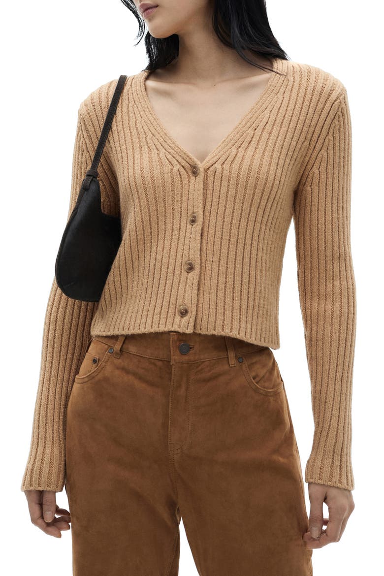 V-Neck Rib Cardigan, Main, color, MEDIUM BROWN