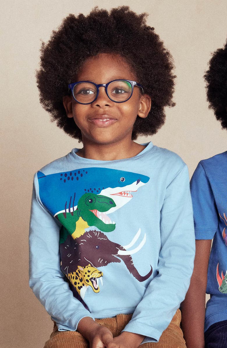 Mini Boden Kids' Prehistoric Pals Long Sleeve Cotton Graphic T-Shirt, Alternate, color, Glacier Blue Prehistoric