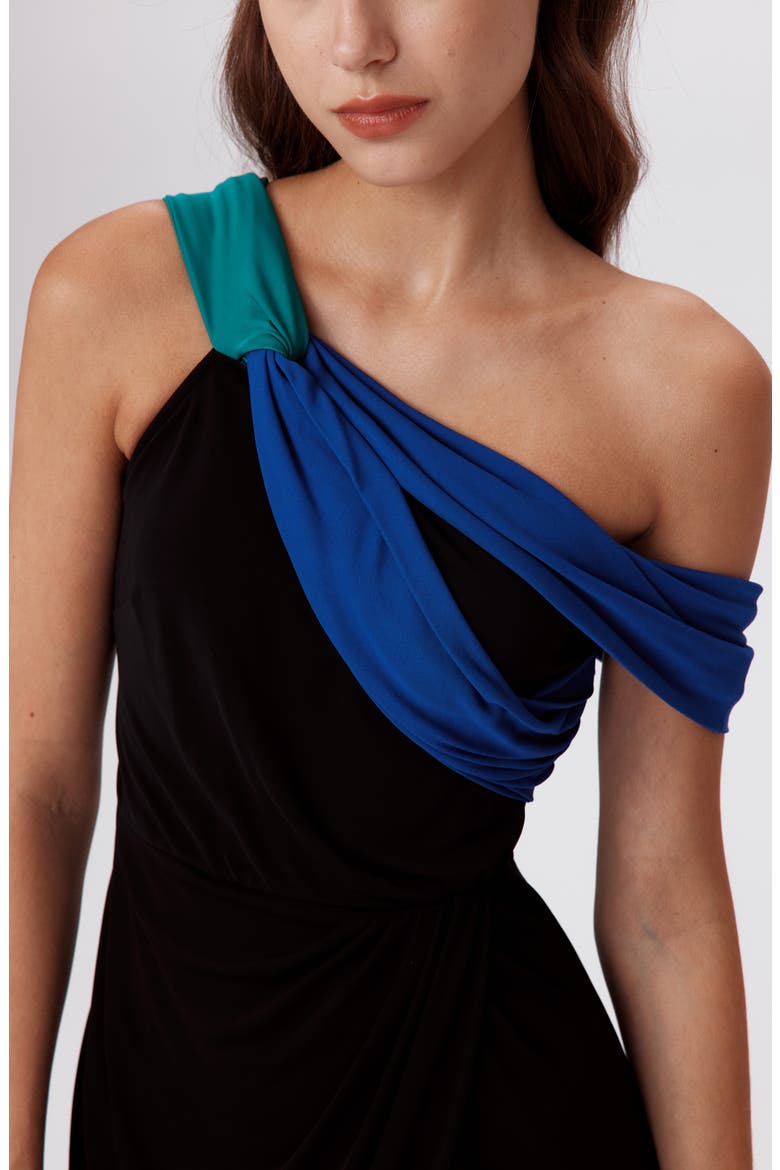 Terin Colorblock One-Shoulder Dress, Alternate, color, BLACK/ROYAL BLUE/EMERALD