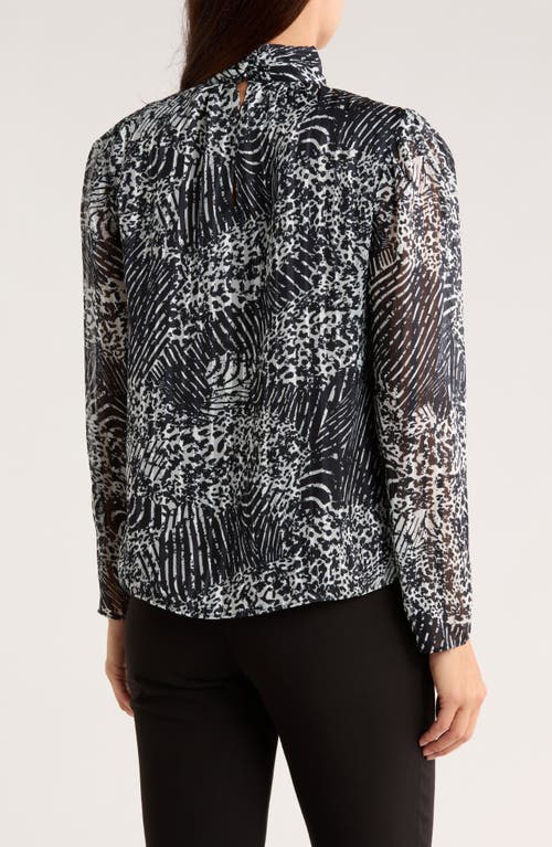 T Tahari Animal Print Long Sleeve Chiffon Top In Black