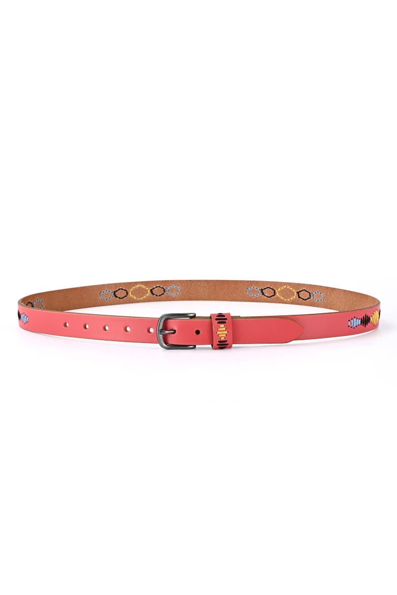 Boho Genuine Leather Stitched Perforated Detail Belt, Alternate, color, Pink