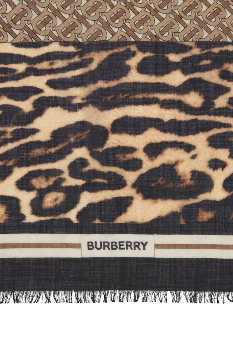 Burberry Monogram Leopard Print Wool & Silk Scarf, Alternate, color, 