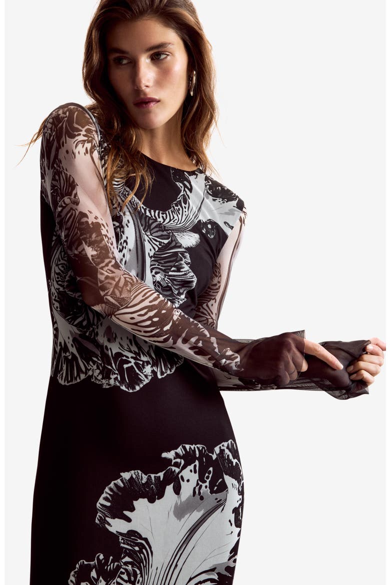 Floral Print Long Sleeve Midi Dress, Alternate, color, BLACK