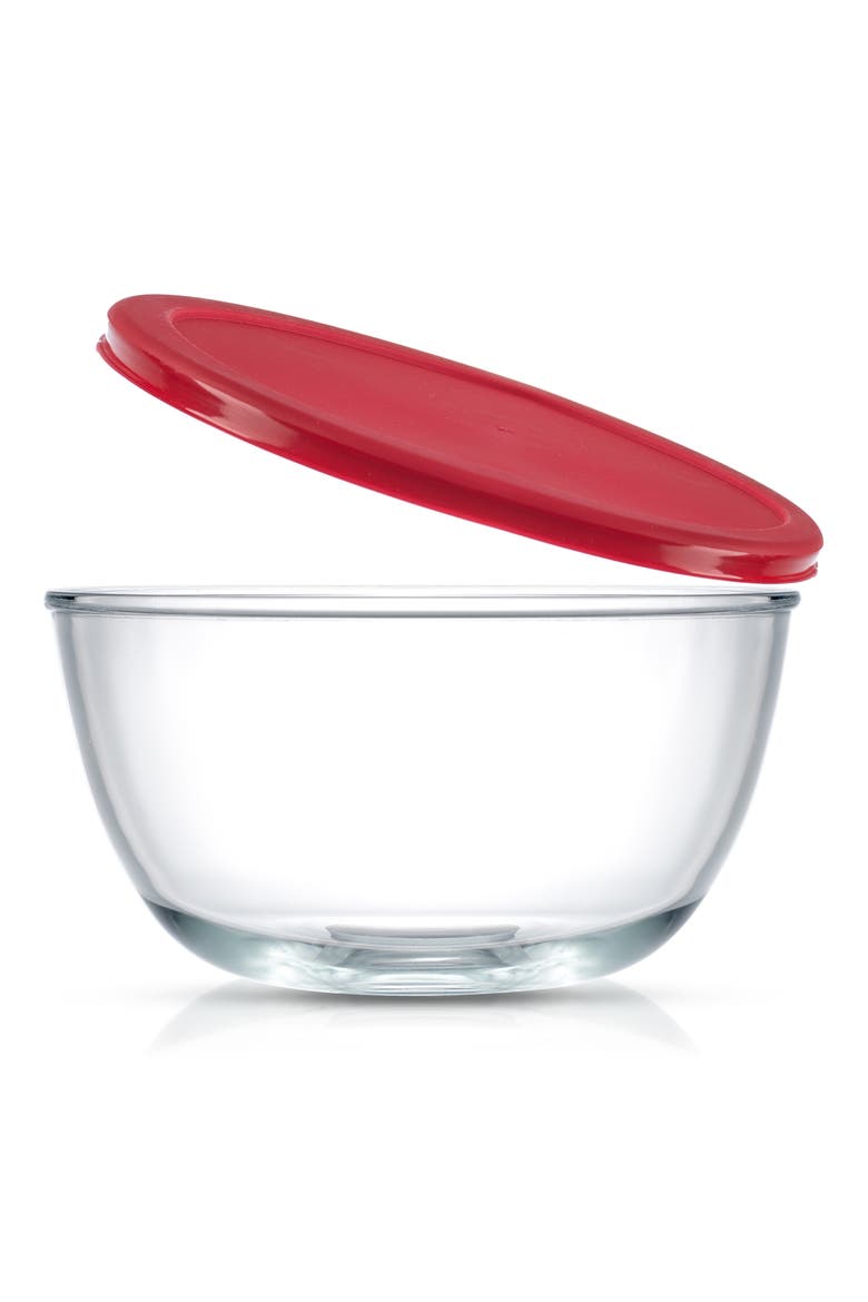 Set of 4 Thick Glass Mixing Bowls with Airtight Lids, Alternate, color, RED