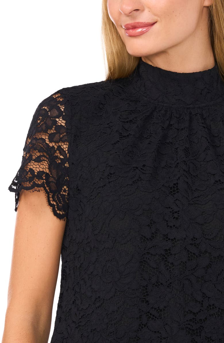 CeCe Bow Mock Neck Lace Top, Alternate, color, Rich Black