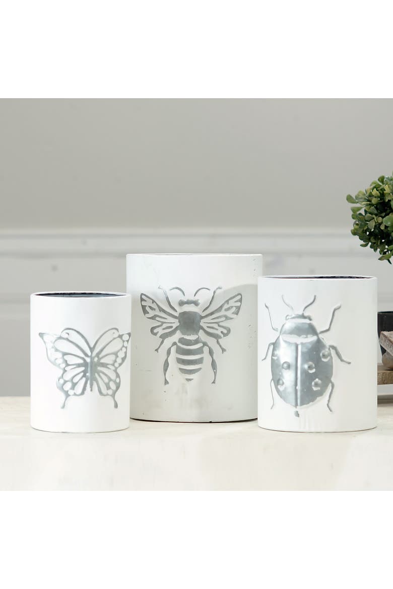 Metal 7.68 Inch White Embossed Insect Planters Set of 3, Alternate, color, White