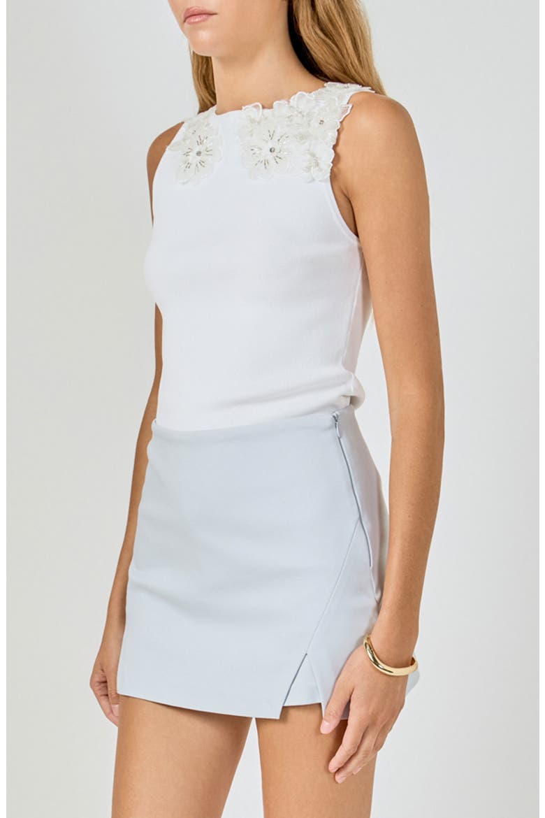 Flower Trim Sleeveless Rib Top, Alternate, color, WHITE