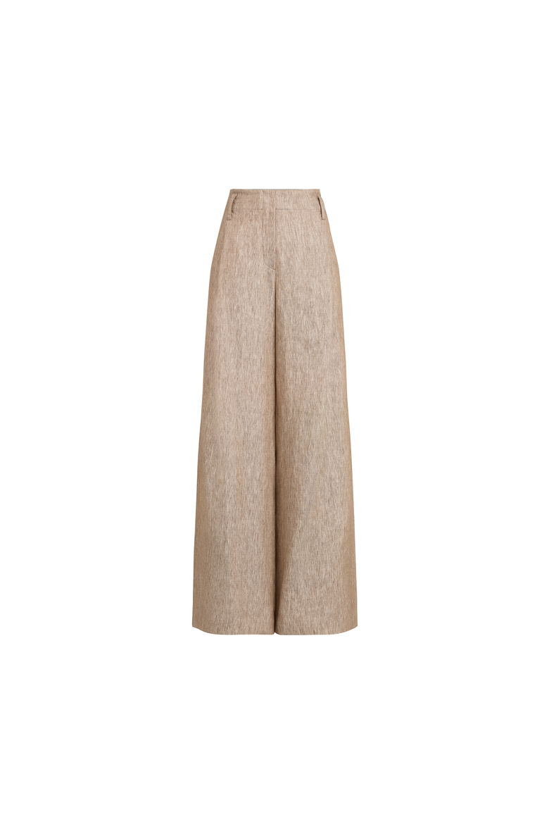 Linen denim pleated A-Line trousers with monili, Alternate, color, Beige