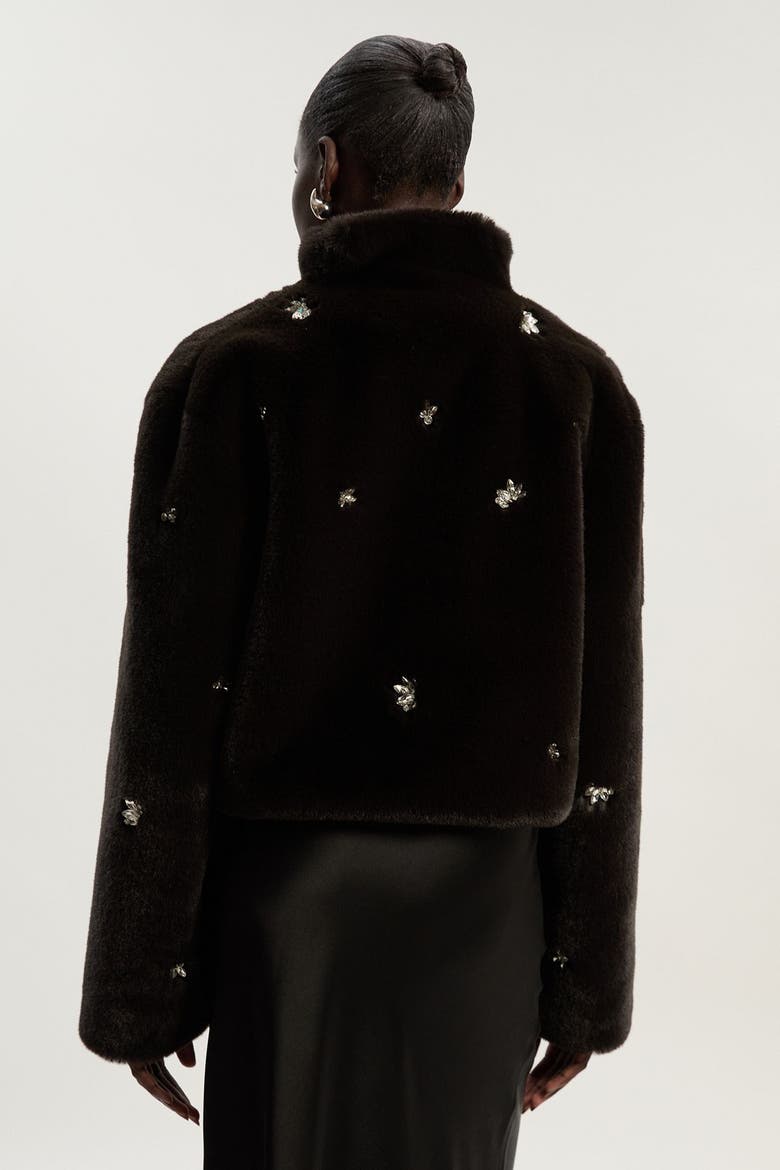 Crystal Embellished Faux Fur Short Coat, Alternate, color, Chocolate