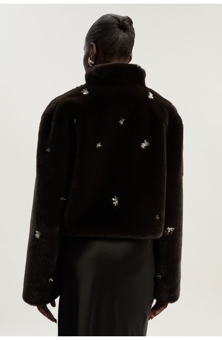 Karen Millen Crystal Embellished Faux Fur Short Coat, Alternate, color, Chocolate