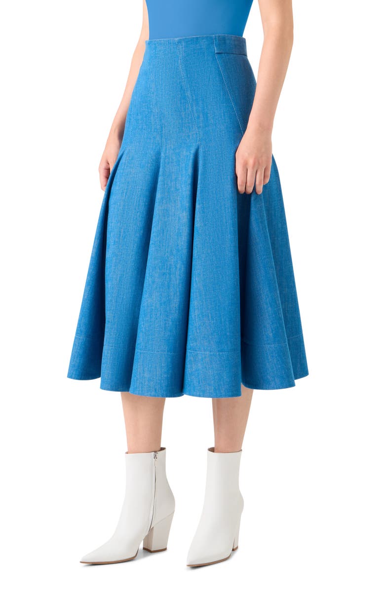 Akris Denim Godet Skirt, Alternate, color, Denim