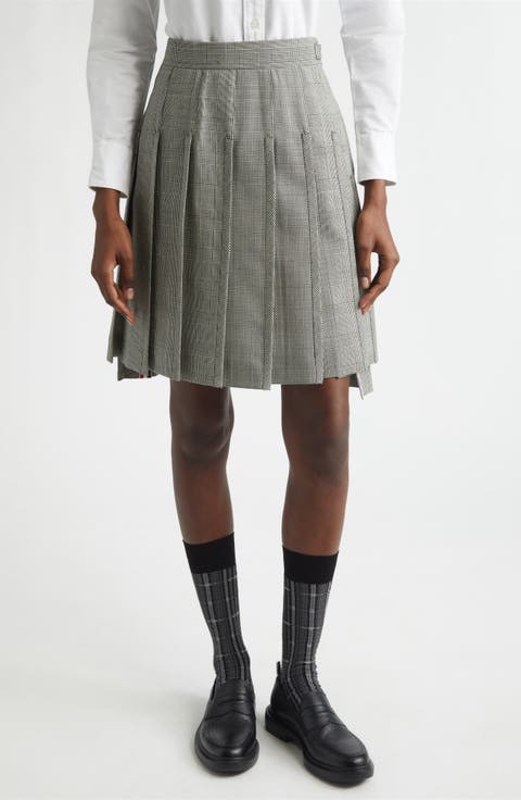 Glen Plaid Pleated Wool Skirt