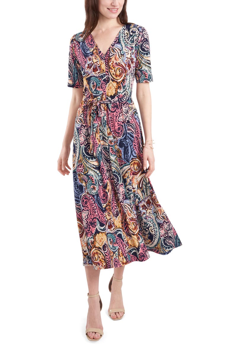 Pastel Paisley Tie Waist Midi Dress, Main, color, NAVY / MAUVE / MULTI