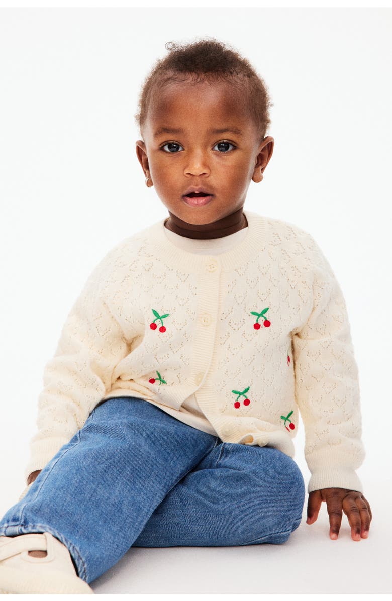 H&M Embroidery-detail Cardigan, Alternate, color, Light Beige/Cherries