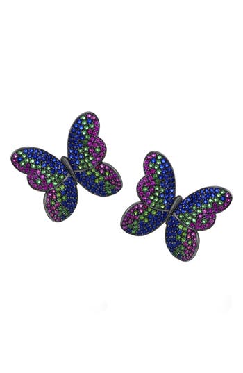 Suzy Levian Black Sterling Silver Multi Color Cubic Zirconia Butterfly Earrings