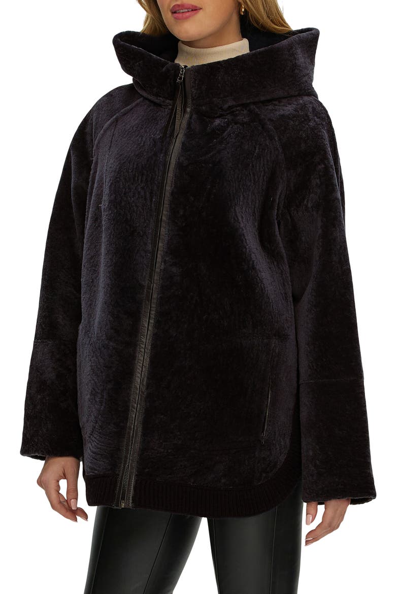 Reversible Textured Genuine Shearling Lamb Zip Parka with Ribbed Hem, Alternate, color, BROWN/BROWN