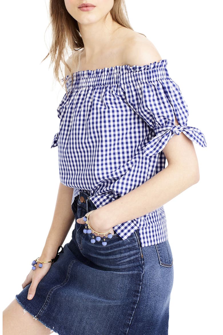 Gingham Off the Shoulder Top, Main, color, SAPPHIRE/ WHITE