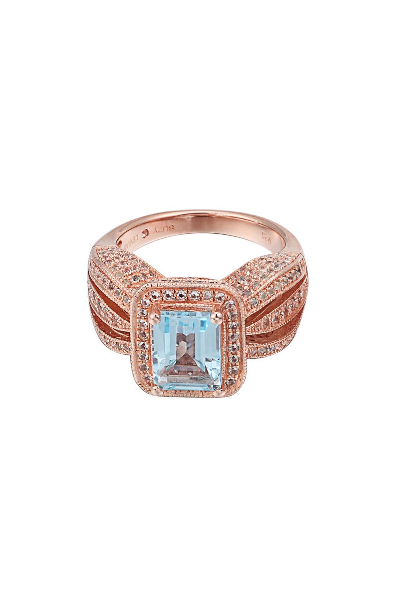 SUZY LEVIAN 14K Rose Gold Plated Sterling Silver Emerald Cut Blue Topaz Ring, Alternate, color, Rose Gold/ Blue