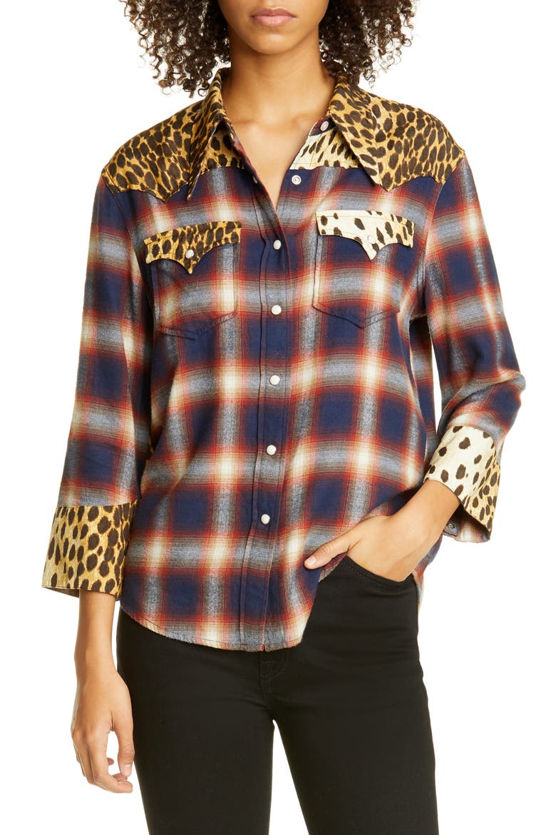 Cheetah Contrast Plaid Shirt, Main, color, RED/NAVY PLAID W/CHE