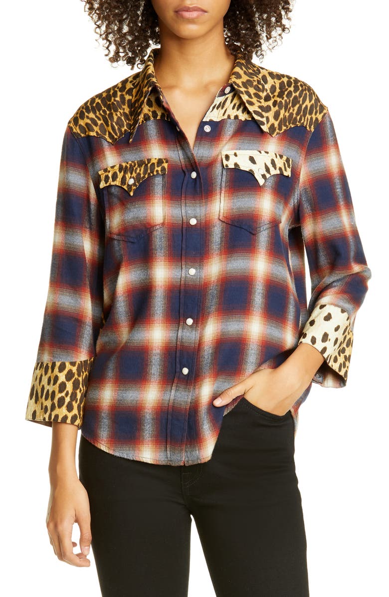 R13 Cheetah Contrast Plaid Shirt, Main, color,