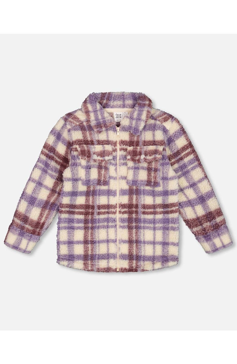 Deux par Deux Little Girl's Zip Front Soft Fleece Overshirt Plaid Purple And White, Main, color, 