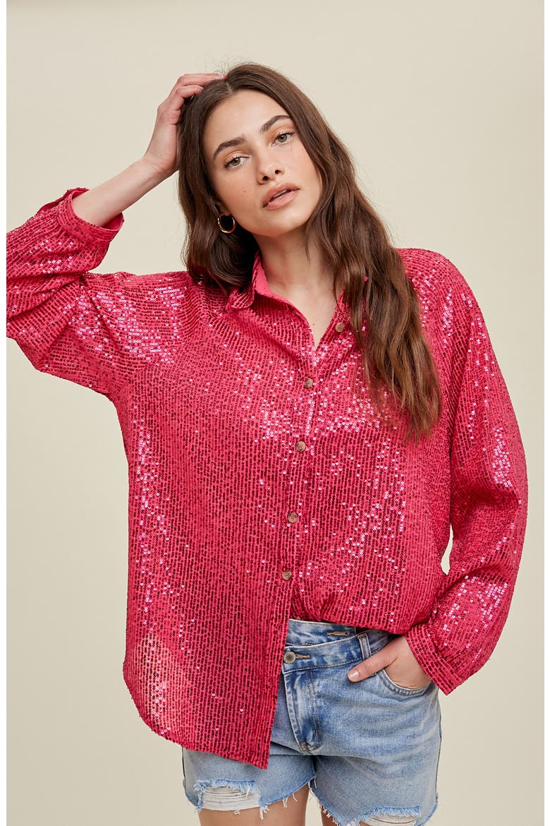 Sequin Button-Up Shirt, Alternate, color, FUCHSIA