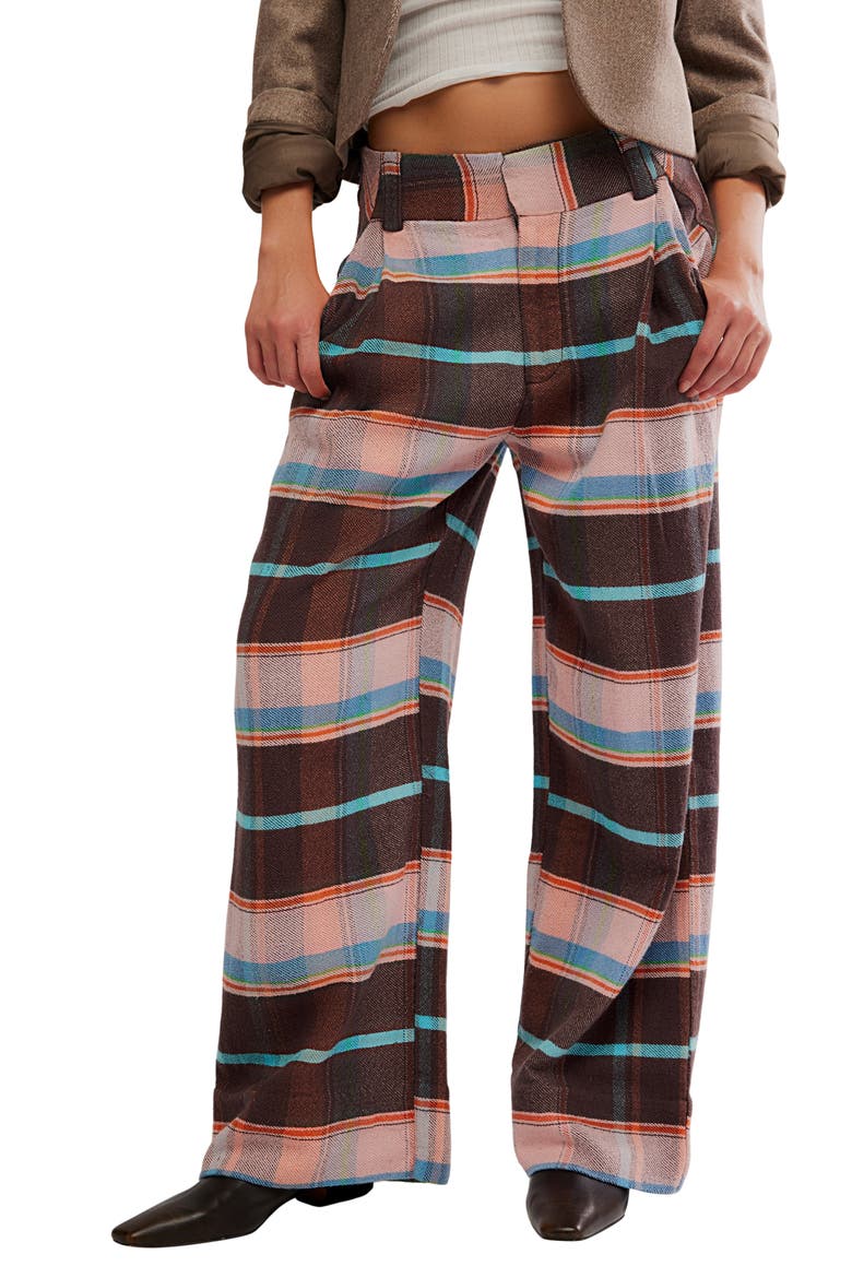 Plaid Back Buckle Cotton Pants, Main, color, BROWN COMBO