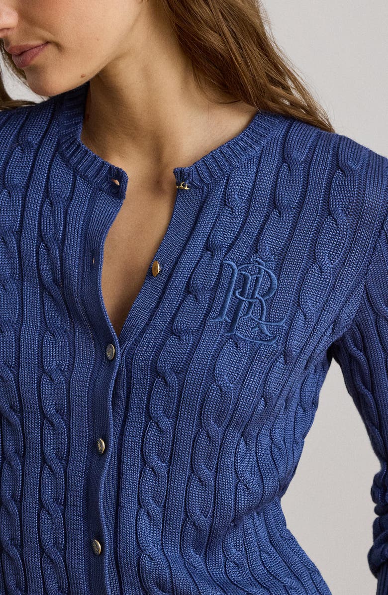 Lauren Ralph Lauren Cable Stitch Cotton Blend Cardigan, Alternate, color, Inky Blue