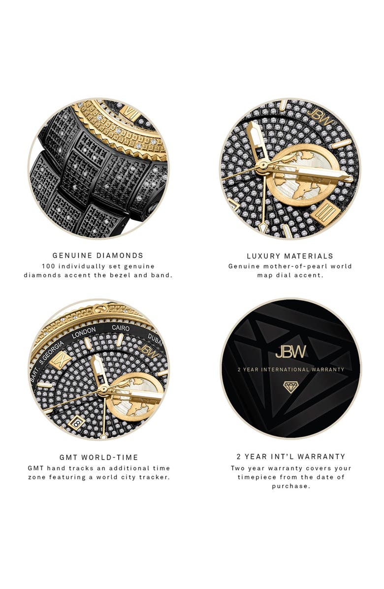 JBW Jet Setter GMT Diamond Bracelet Watch, 46mm, Alternate, color, Black