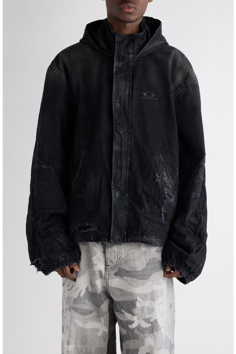 Hooded Distressed Denim Workwear Jacket, Main, color, 1037 BLACK FADE OUT