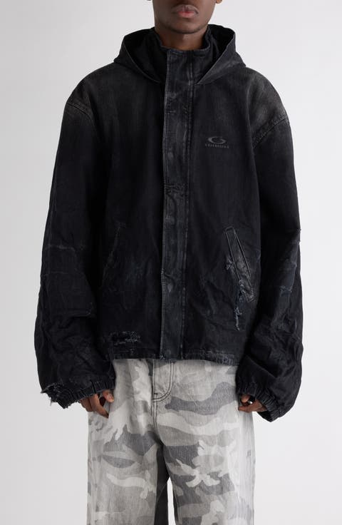 Hooded Distressed Denim Workwear Jacket