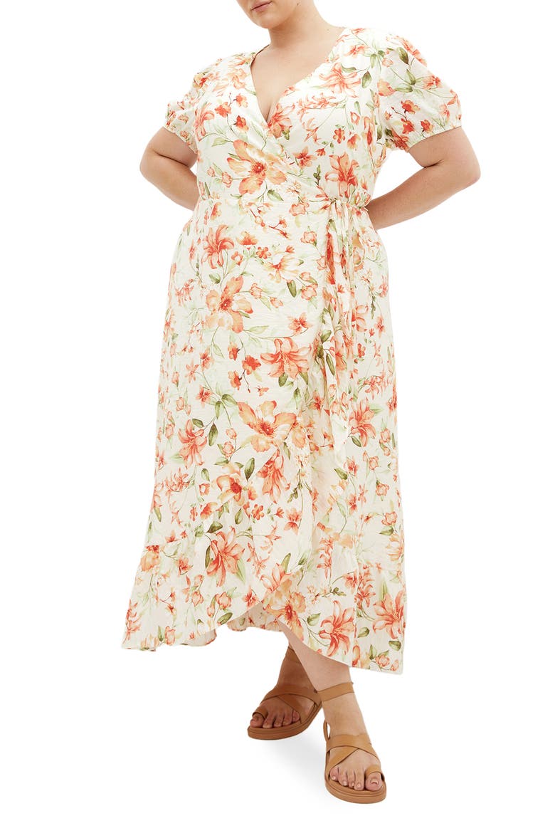 Sarina Floral Print Midi Wrap Dress, Main, color, PEACHY FLORAL