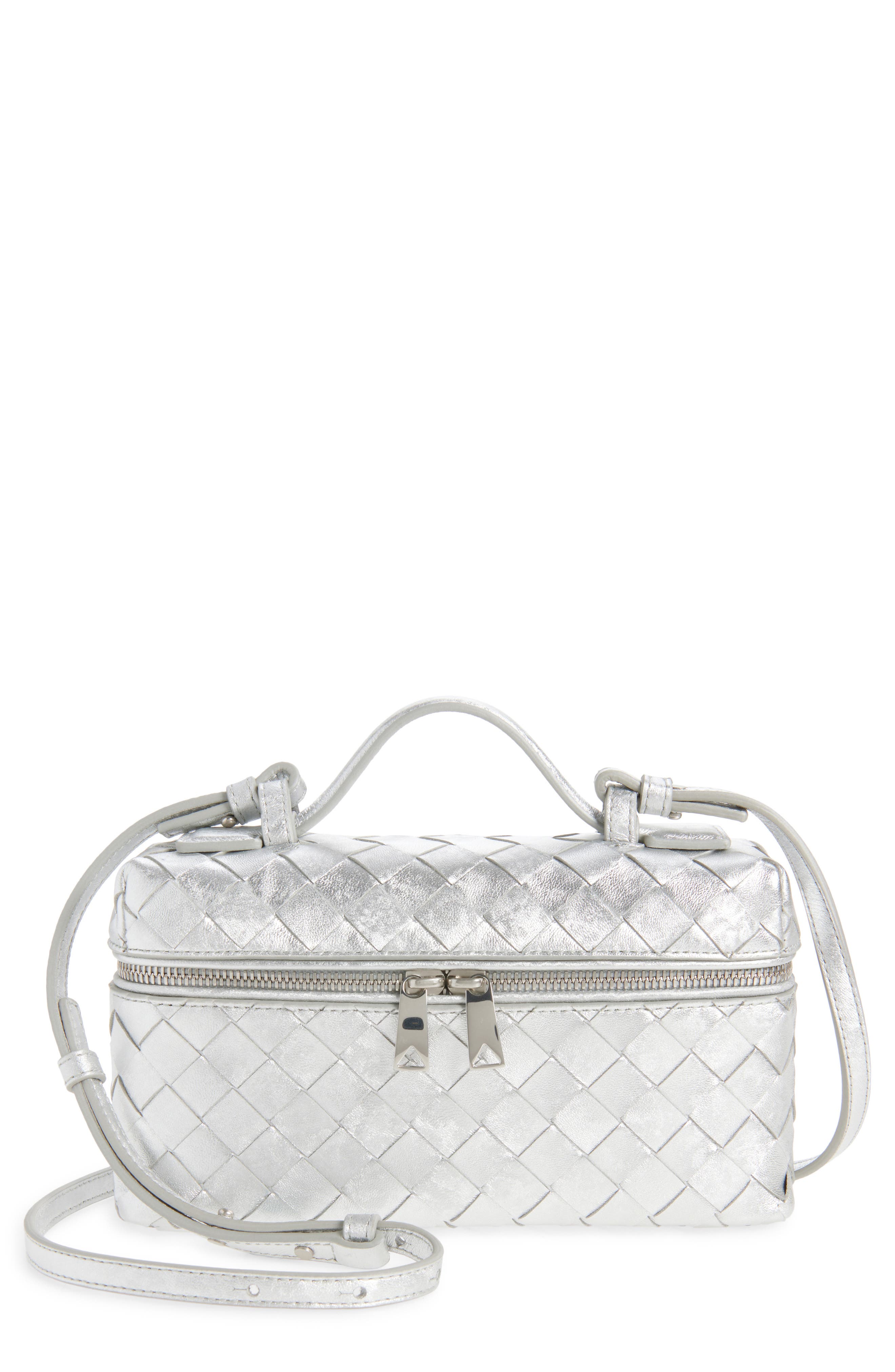 Bottega Veneta Bang Bang Intrecciato Metallic Leather Crossbody Vanity Case, Main, color, 8101 Silver / Silver