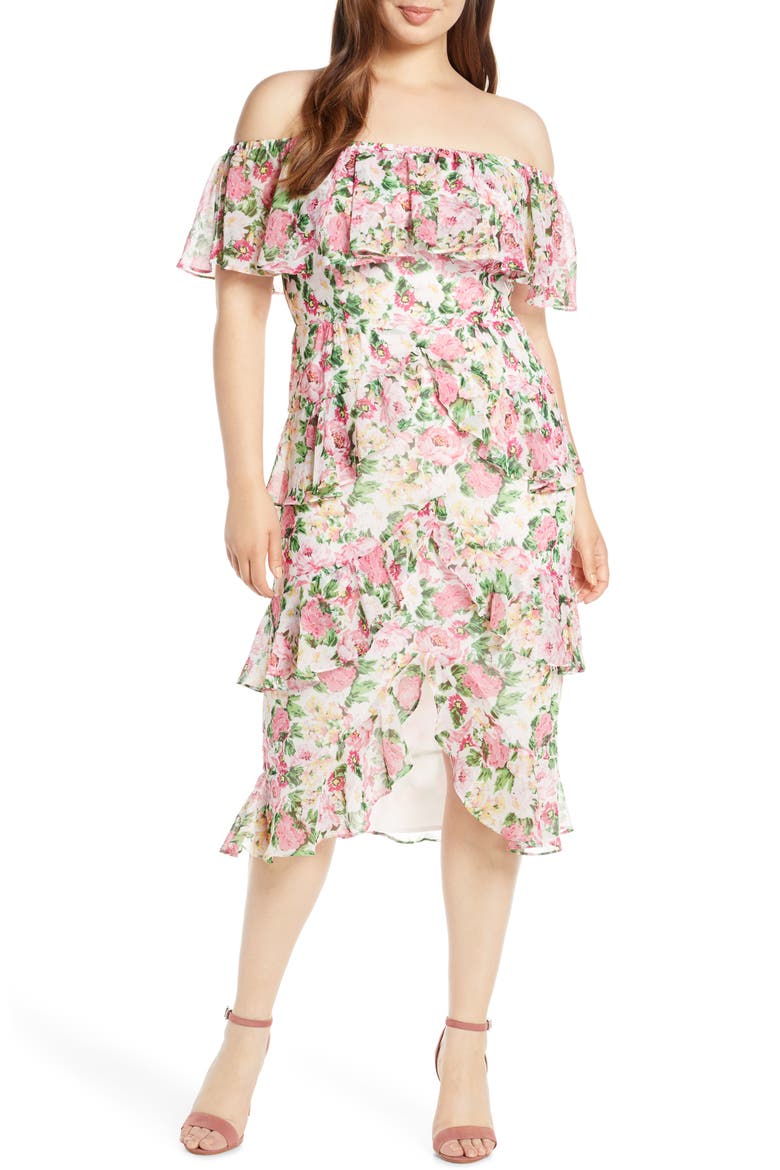 Off the Shoulder Midi Dress, Alternate, color, IVORY PINK ROSE PRINT