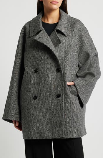 コート FACADE PATTERN Herringbone double coat_grey COS Oversize Herringbone Double Breasted Stretch Wool Coat