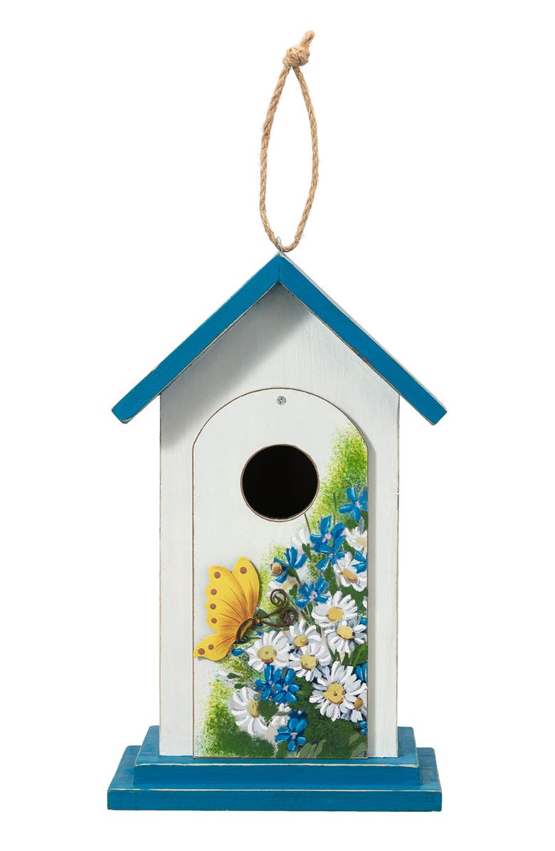 Glitzhome 11"H Distressed Solid Wood Daisy with Butterfly Birdhouse, Alternate, color, Blue