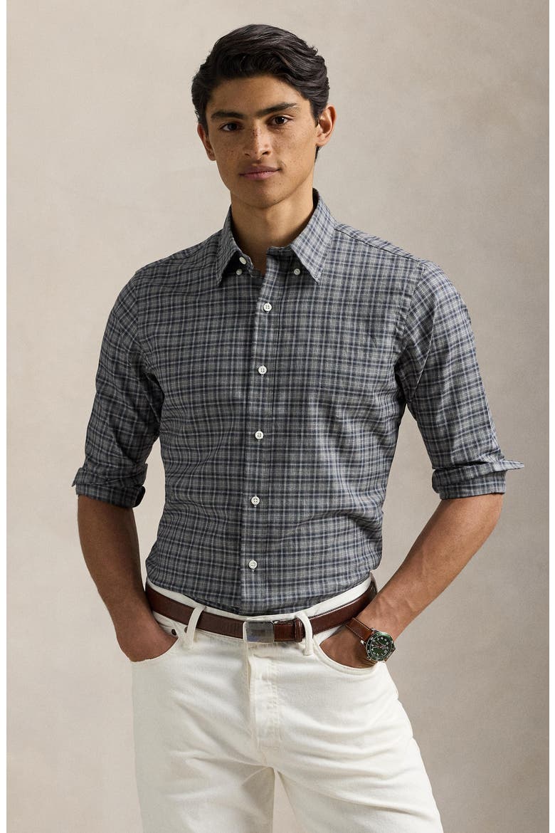 Classic Fit Plaid Cotton Twill Button-Up Shirt, Alternate, color, GREY NAVY HEATHER MULTI
