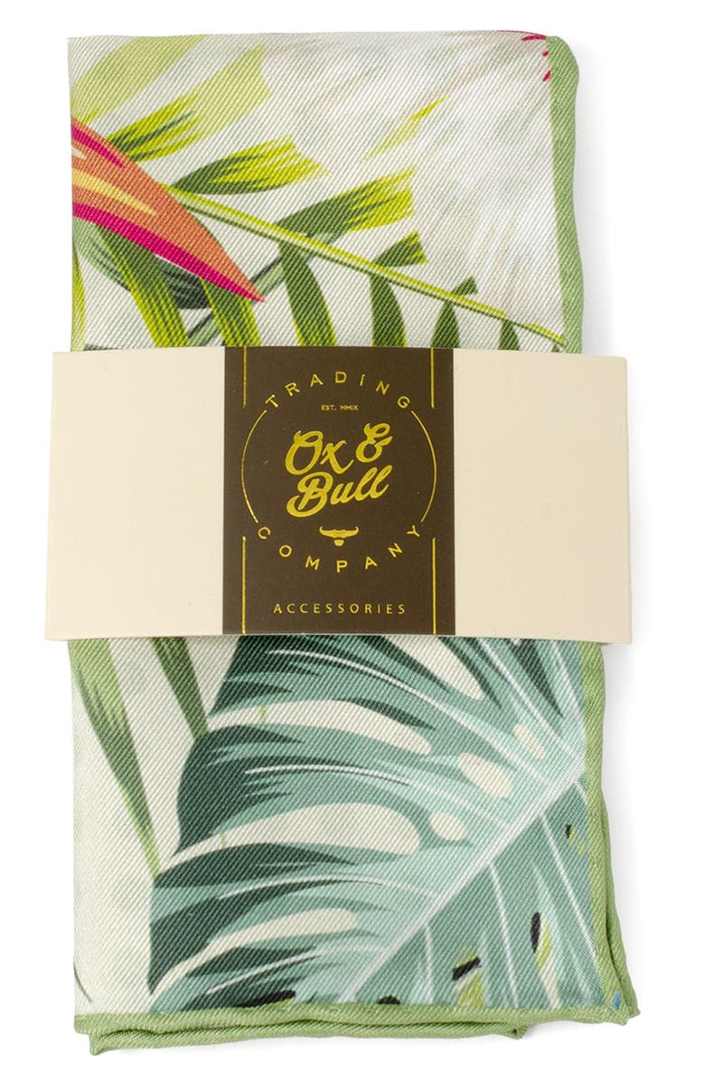 Cufflinks, Inc. Tropical Leaf Print Silk Blend Pocket Square, Alternate, color, Green Multi