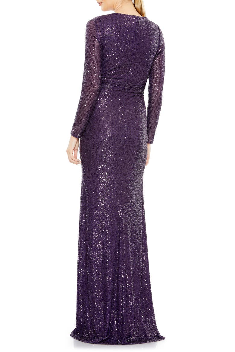 Sequin Long Sleeve Faux Wrap Gown, Alternate, color, PURPLE