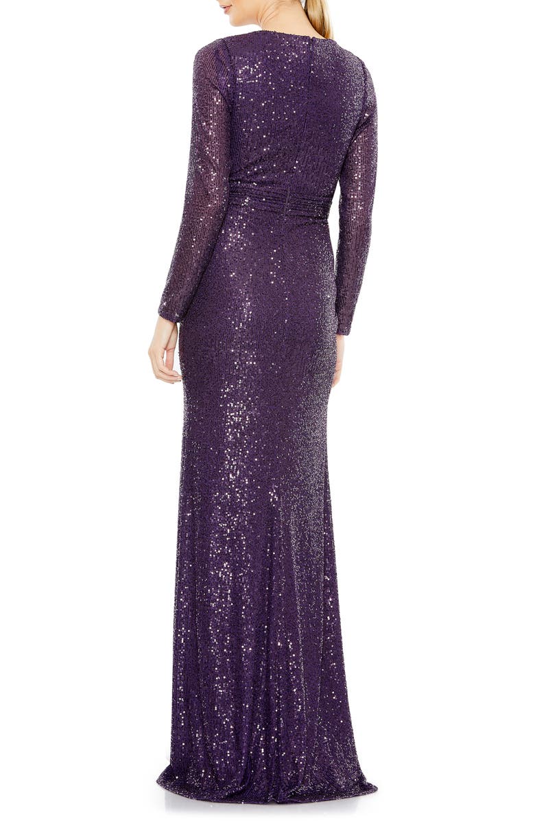 Ieena for Mac Duggal Sequin Long Sleeve Faux Wrap Gown, Alternate, color, Purple