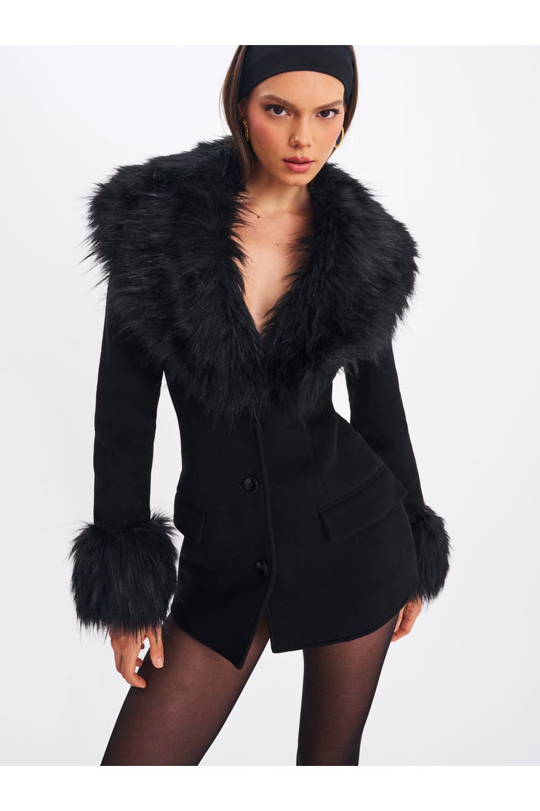 Hailee Single Breasted Wool Blend Mini Coat with Removable Fur Lapel, Alternate, color, Black
